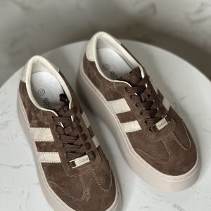 Skórzane czekoladowe sneakersy na wysokiej platformie